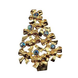 Avon Christmas Tree Brooch Rhinestones & Bow Shapes Gold Tone Vintage Signed